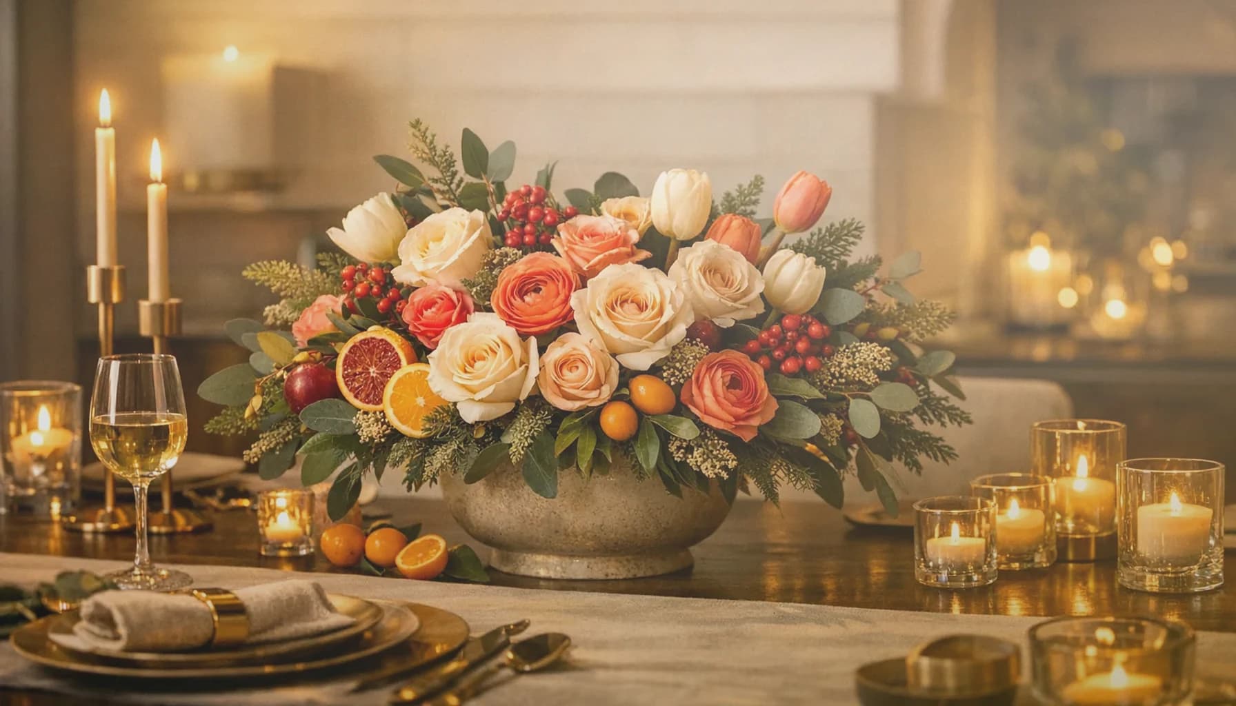Winter Solstice flowers collection banner with white amaryllis, ivory roses, and evergreen branches and ceremonial, deep, candlelit, and quietly reverent styling from Lina Flowers