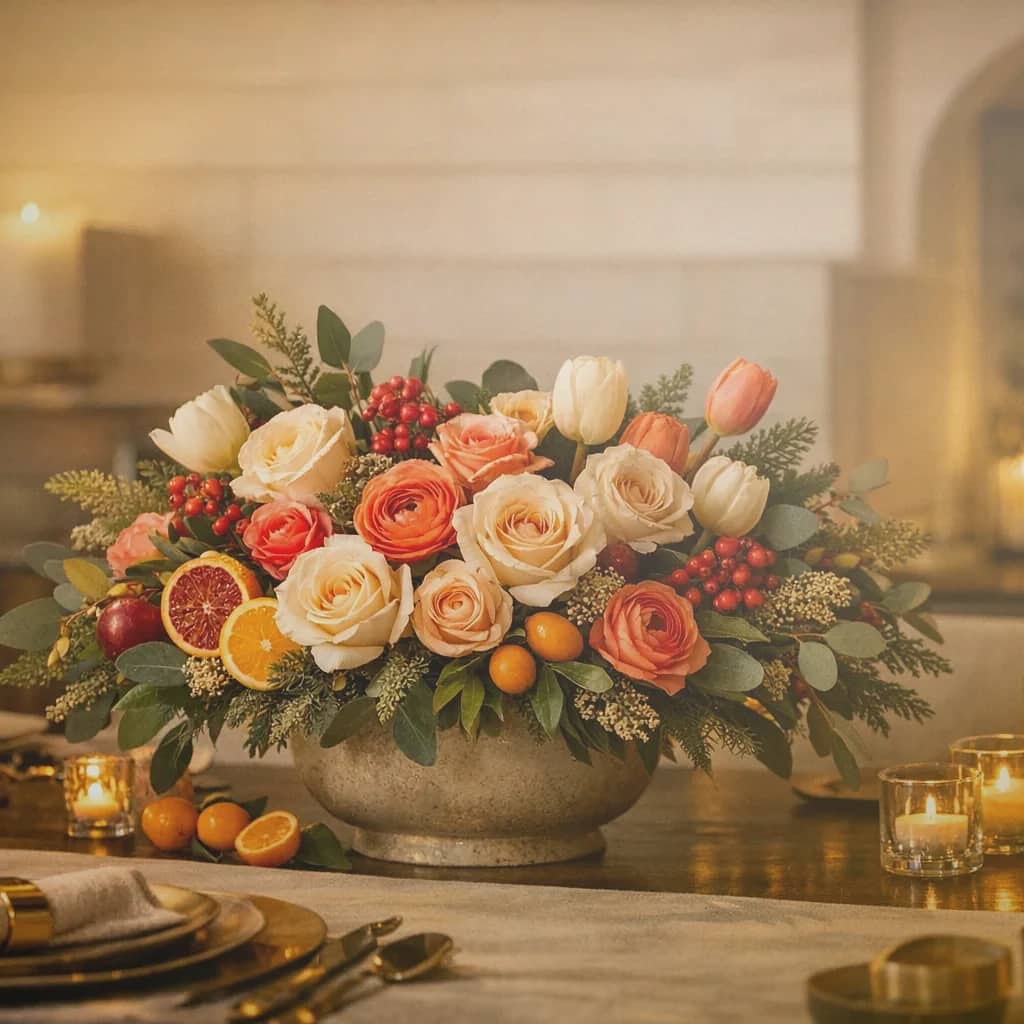 Winter Solstice flowers preview with white amaryllis, ivory roses, and evergreen branches in deep evergreen, ivory, and warm gold tones from Lina Flowers