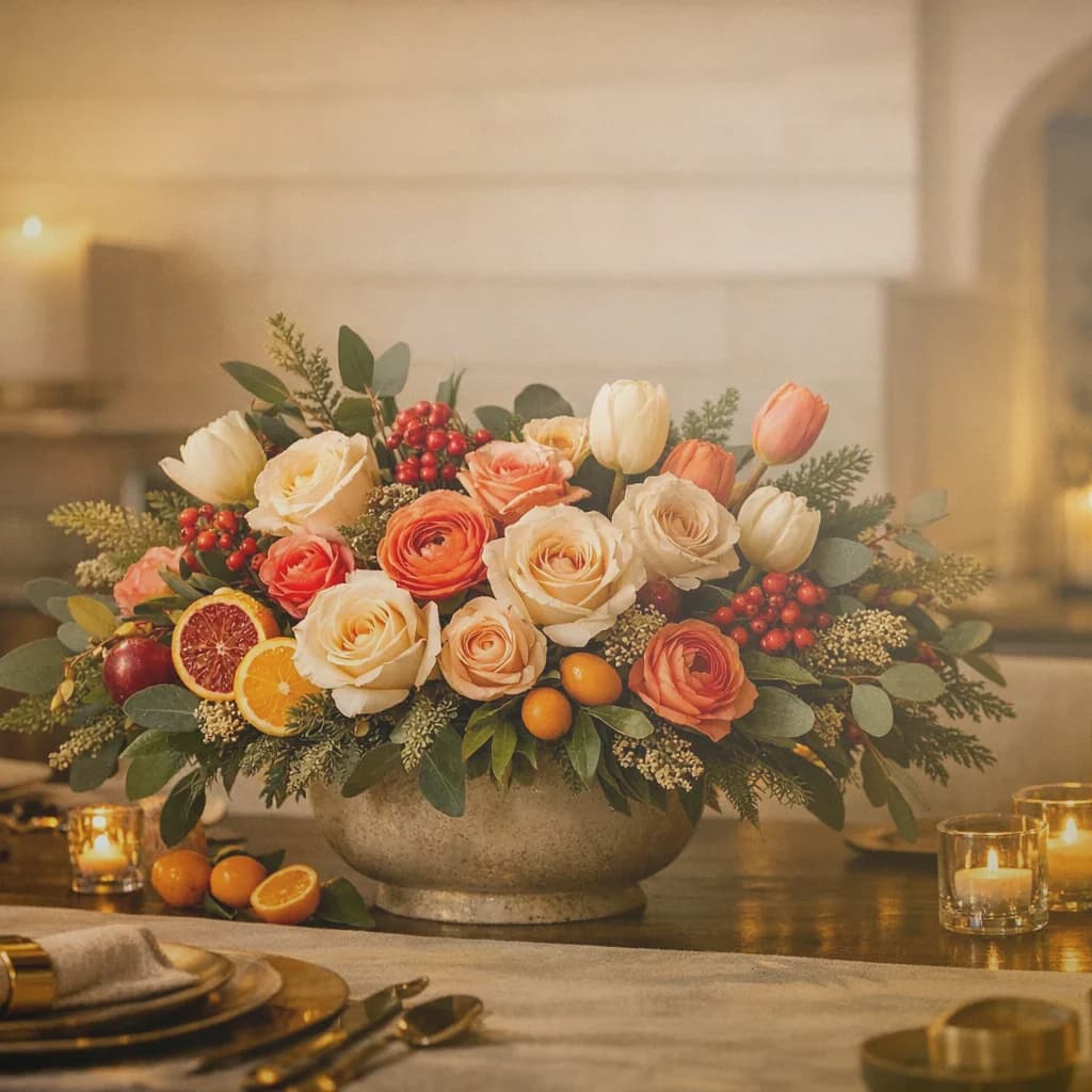 Winter Solstice flowers preview with white amaryllis, ivory roses, and evergreen branches in deep evergreen, ivory, and warm gold tones from Lina Flowers