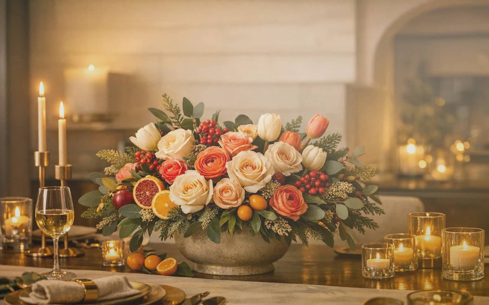 Winter Solstice flowers with white amaryllis, ivory roses, and evergreen branches, deep evergreen, ivory, and warm gold color direction, and premium ceremonial, deep, candlelit, and quietly reverent styling from Lina Flowers