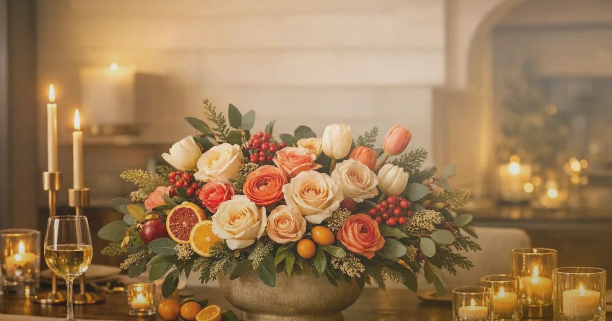 Winter Solstice flowers social share image with white amaryllis, ivory roses, and evergreen branches, deep evergreen, ivory, and warm gold tones, and premium Lina Flowers styling