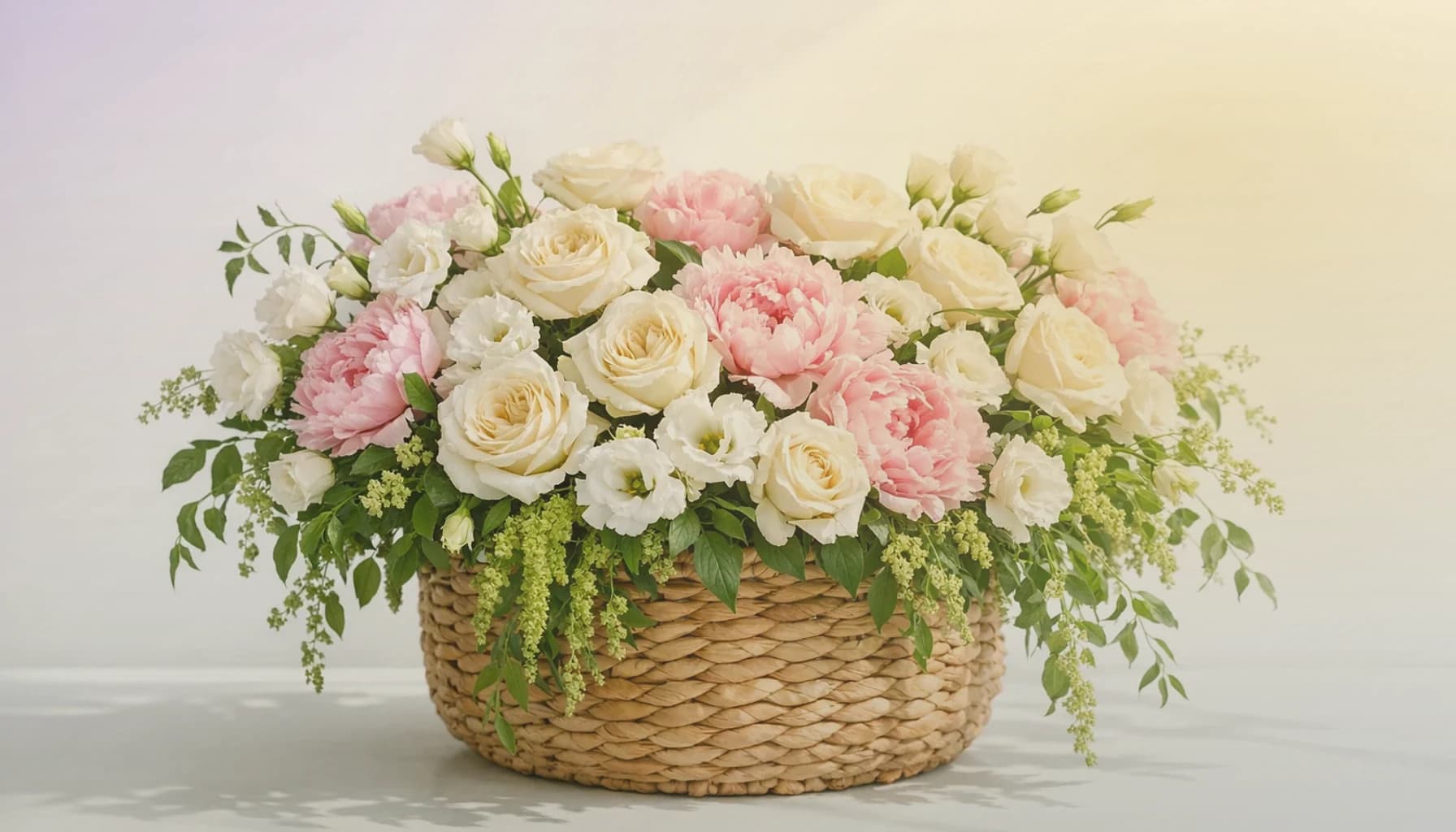 Women's Equality Day flowers collection banner with purple lisianthus, white roses, and golden craspedia and grounded, dignified, celebratory, and historically resonant styling from LiNa Garden