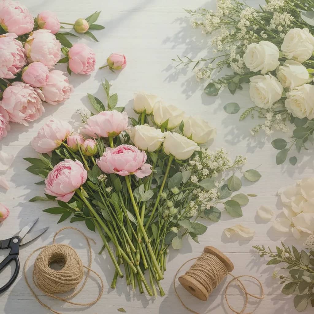 World Environment Day flowers preview with garden roses, herbs, and ferns in garden green, sage mist, and garden rose coral tones from Lina Flowers