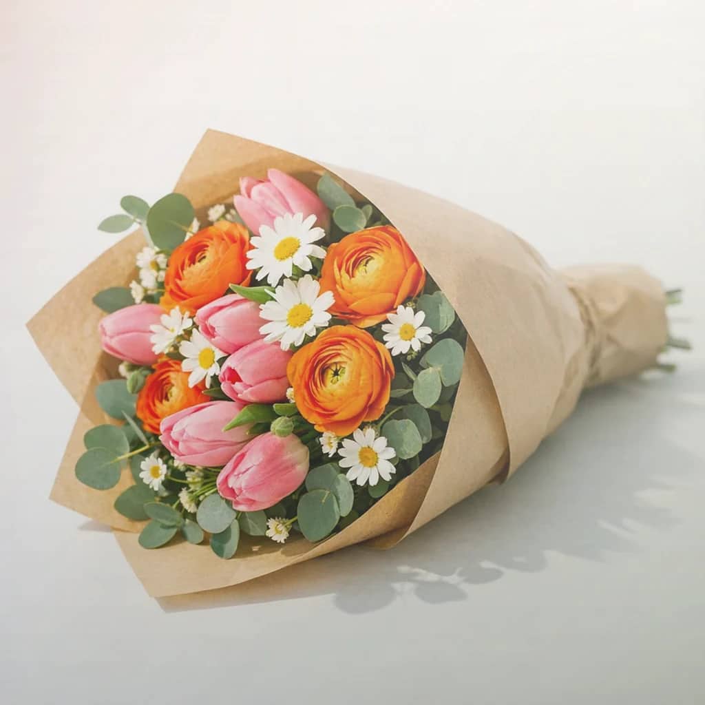 World Kindness Day flowers preview with peach garden roses, cream ranunculus, and sage eucalyptus in warm peach, soft cream, and sage green tones from Lina Flowers