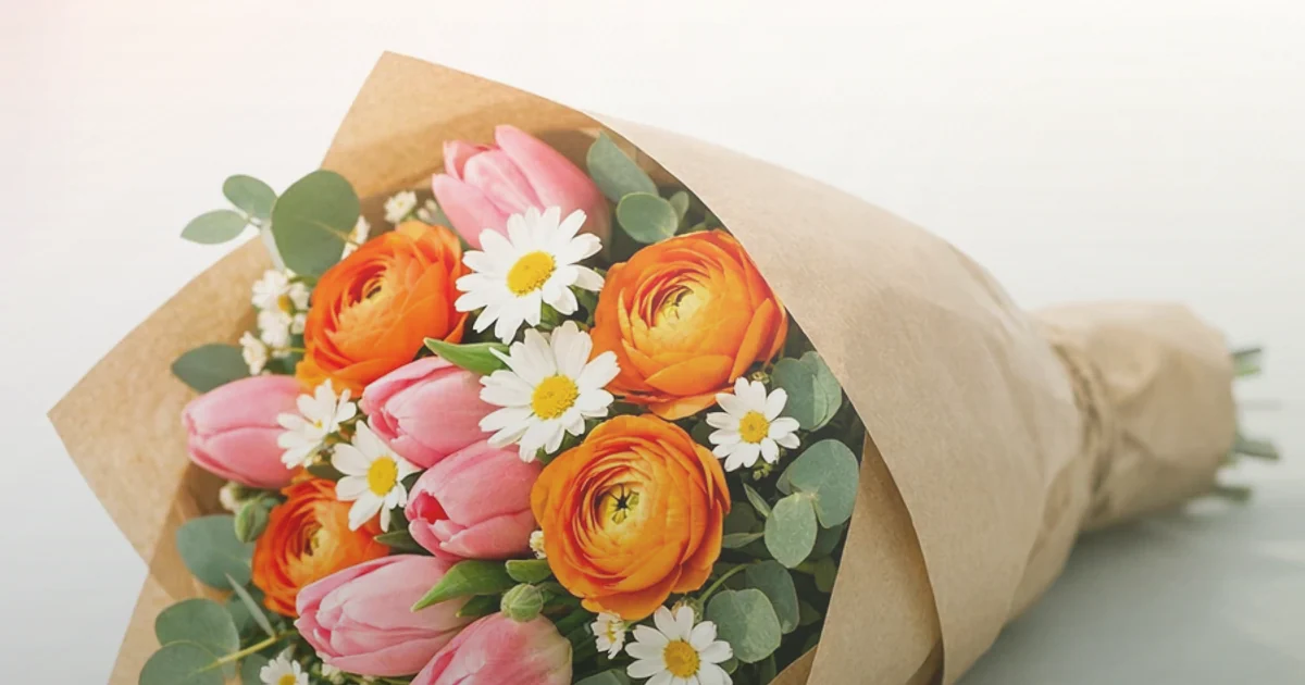 World Kindness Day flowers social share image with peach garden roses, cream ranunculus, and sage eucalyptus, warm peach, soft cream, and sage green tones, and premium Lina Flowers styling