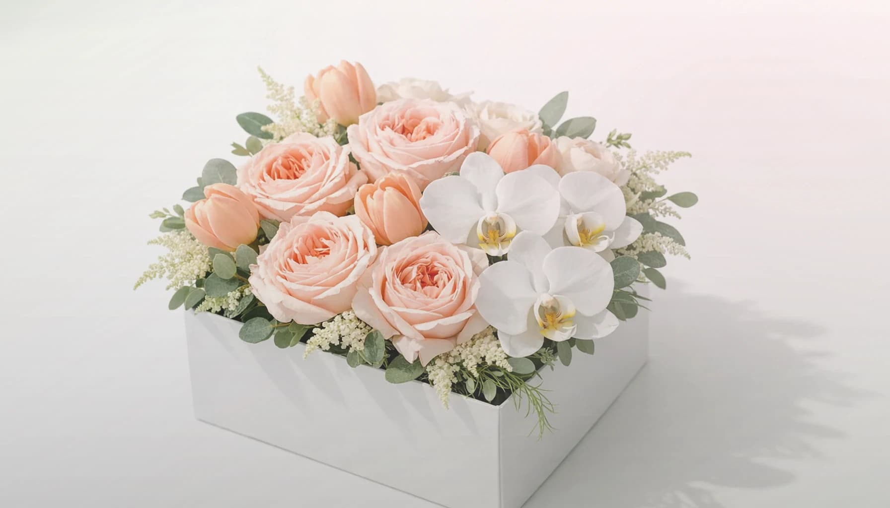 World Mental Health Day flowers collection banner with cream roses, blush ranunculus, and sage eucalyptus and calm, restorative, gentle, and quietly supportive styling from LiNa Garden