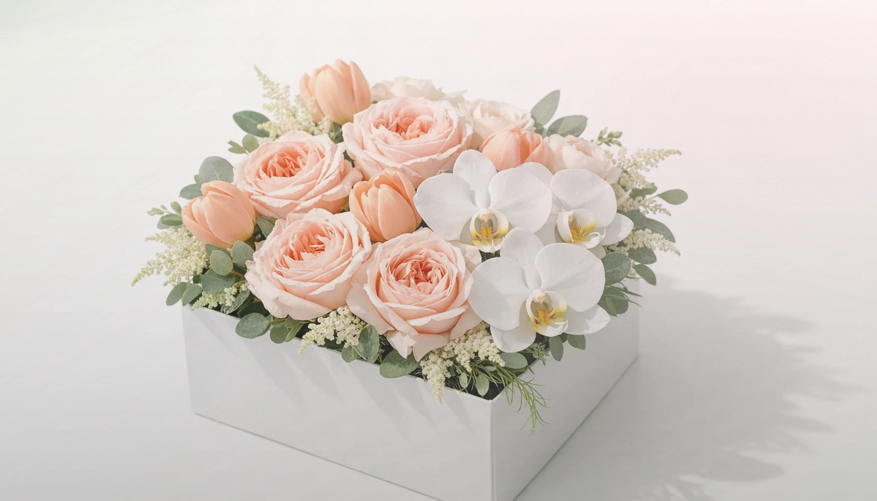 World Mental Health Day flowers collection banner with cream roses, blush ranunculus, and sage eucalyptus and calm, restorative, gentle, and quietly supportive styling from Lina Flowers