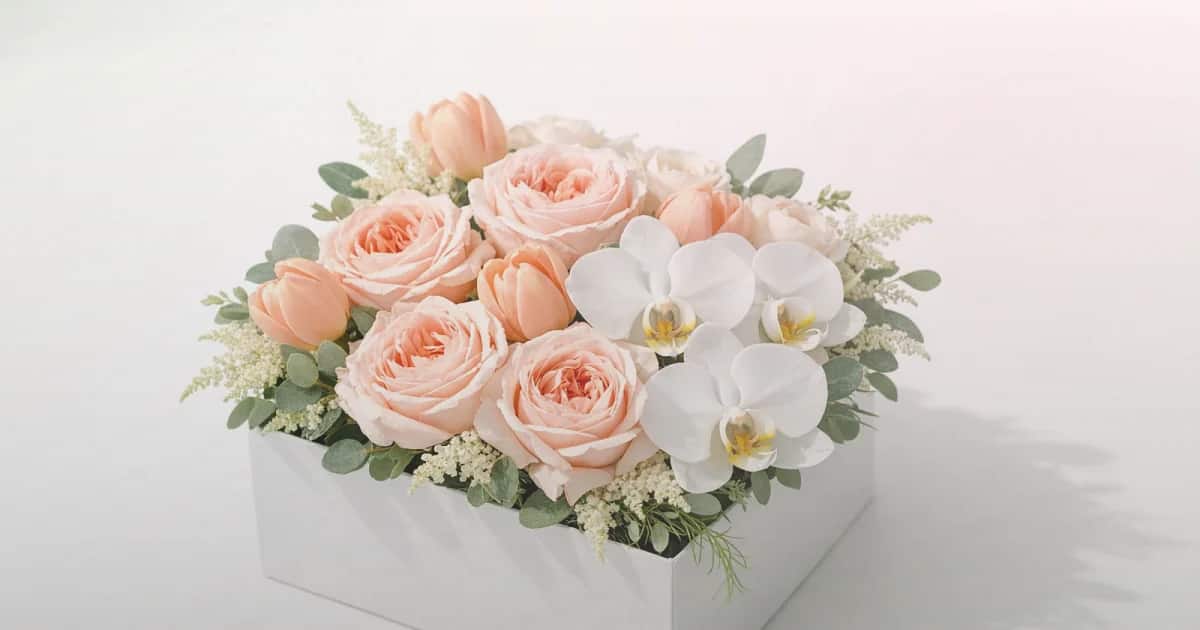 World Mental Health Day flowers social share image with cream roses, blush ranunculus, and sage eucalyptus, soft sage, gentle blush, and warm cream tones, and premium Lina Flowers styling