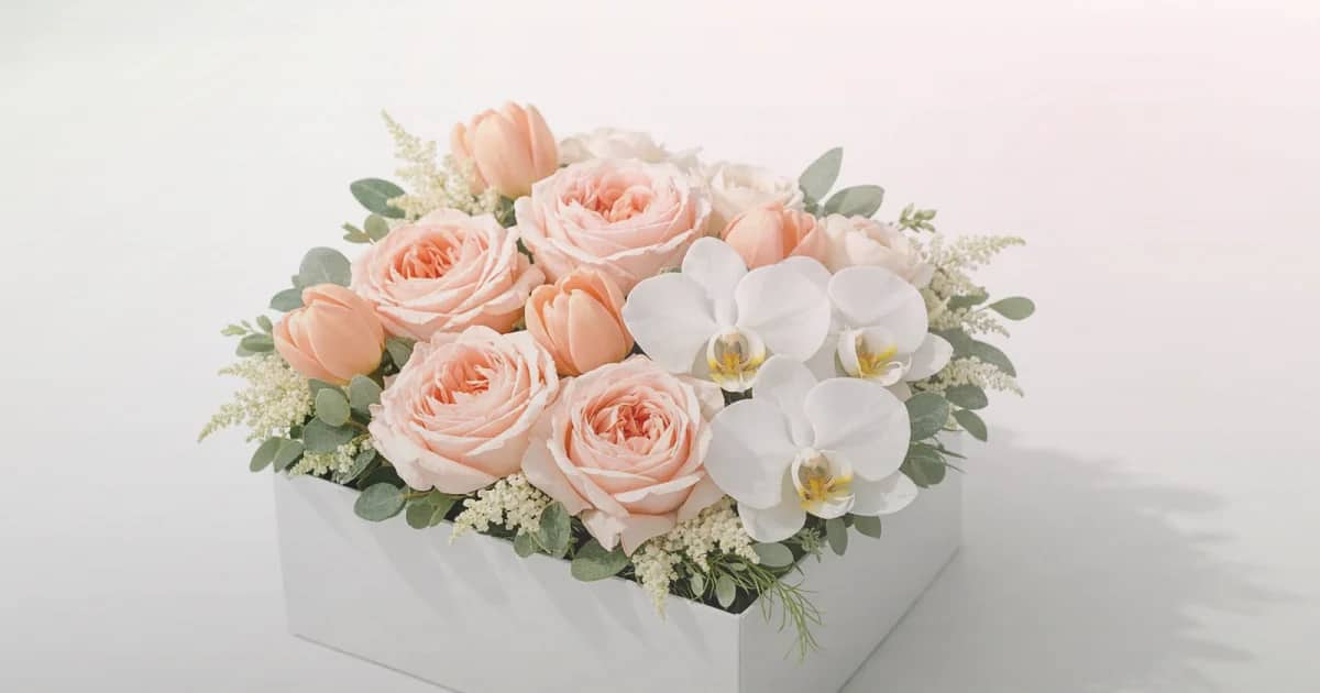World Mental Health Day flowers social share image with cream roses, blush ranunculus, and sage eucalyptus, soft sage, gentle blush, and warm cream tones, and premium Lina Flowers styling