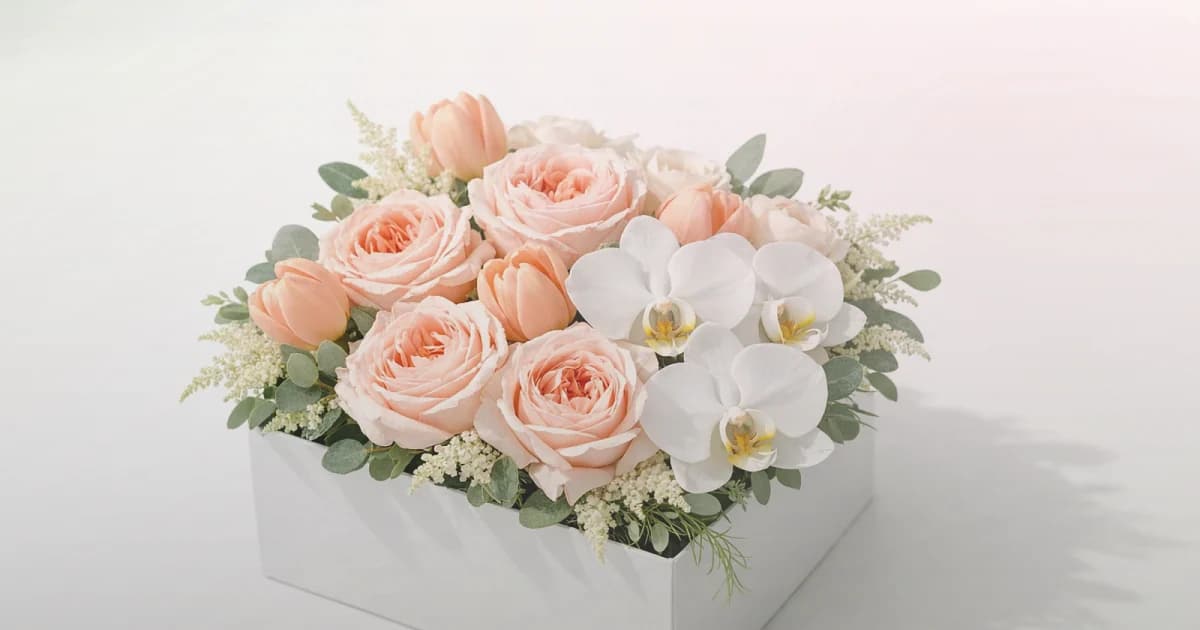World Mental Health Day flowers social share image with cream roses, blush ranunculus, and sage eucalyptus, soft sage, gentle blush, and warm cream tones, and premium Lina Flowers styling