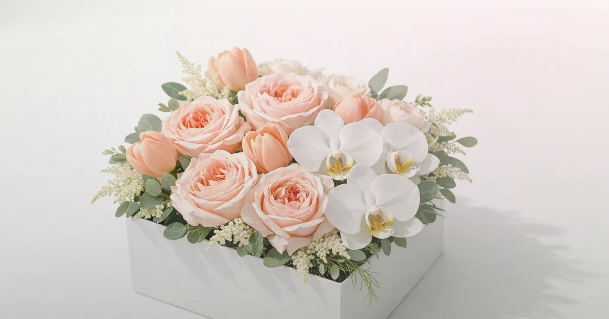 World Mental Health Day flowers social share image with cream roses, blush ranunculus, and sage eucalyptus, soft sage, gentle blush, and warm cream tones, and premium Lina Flowers styling