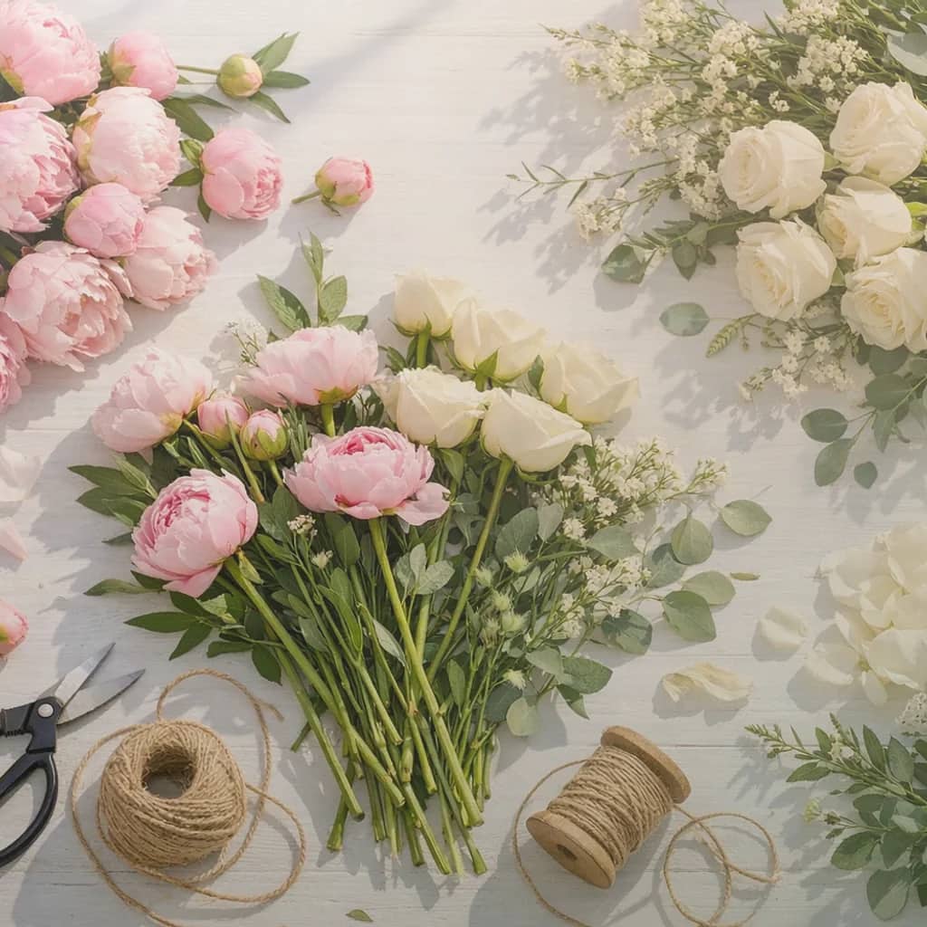 World Photography Day flowers preview with cream garden roses, sage eucalyptus, and warm tan ranunculus in soft cream, warm tan, and sage green tones from Lina Flowers