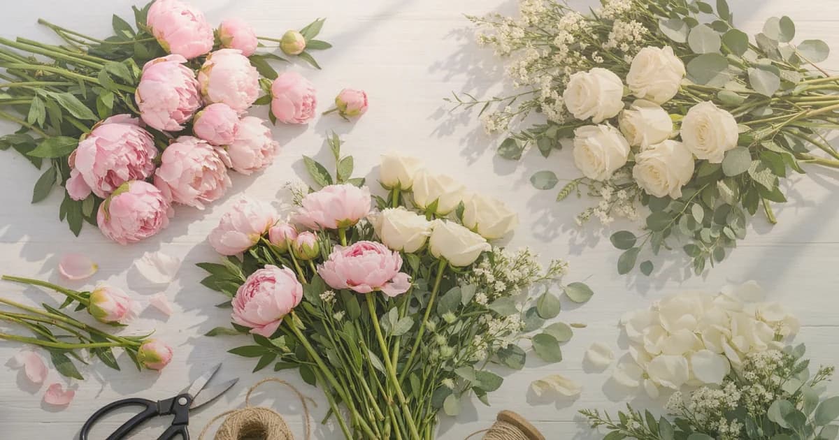 World Photography Day flowers social share image with cream garden roses, sage eucalyptus, and warm tan ranunculus, soft cream, warm tan, and sage green tones, and premium Lina Flowers styling