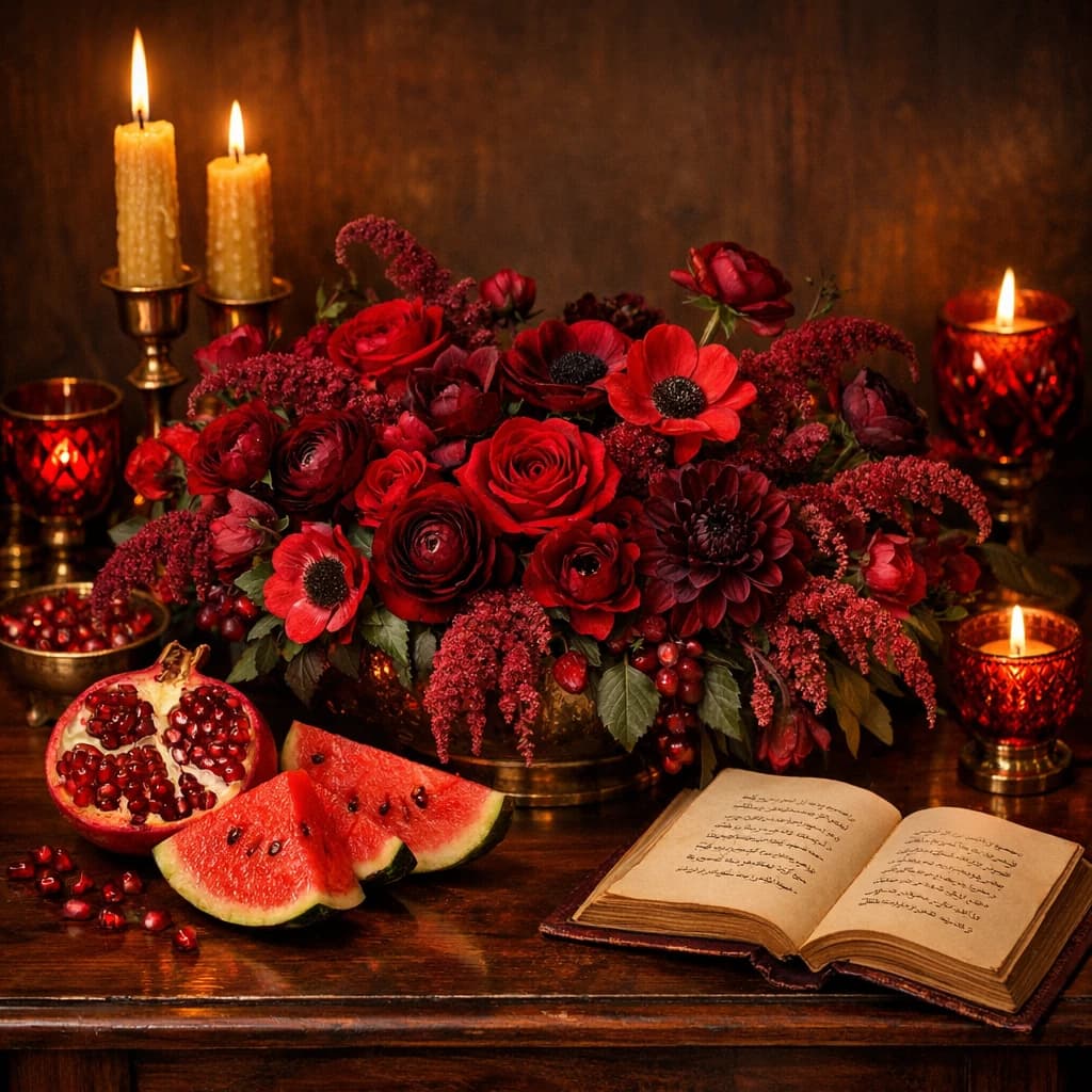Yalda Night flowers preview with red roses, burgundy ranunculus, and amaranth in pomegranate red, garnet burgundy, and watermelon pink tones from Lina Flowers