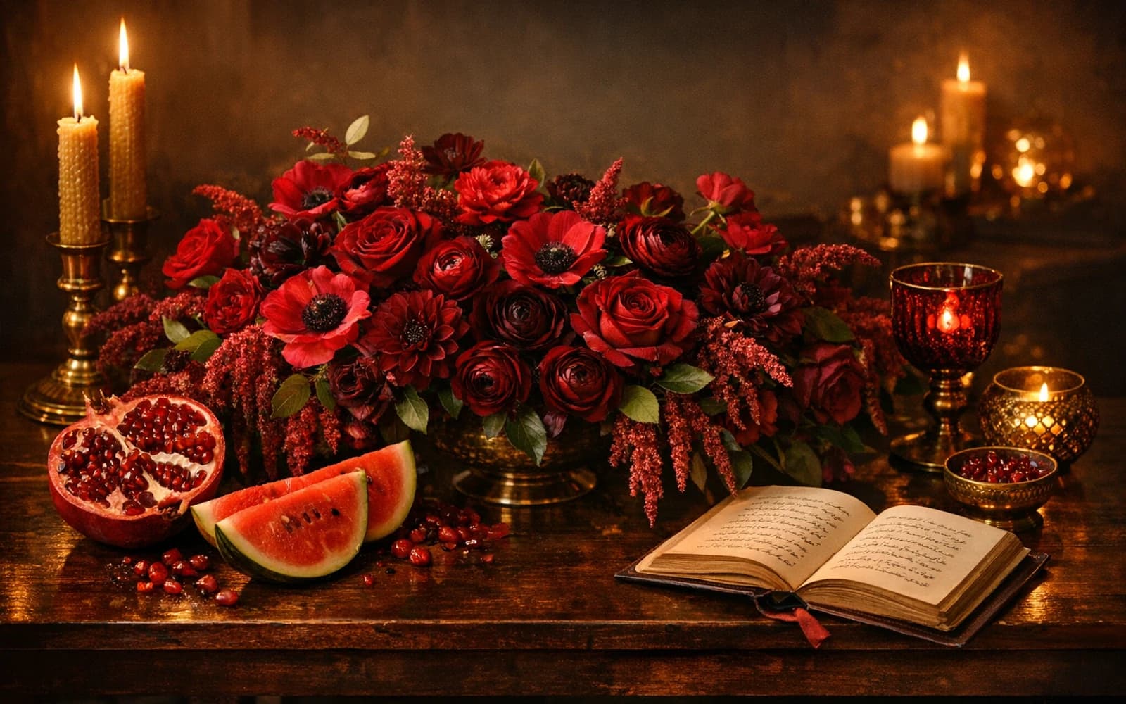 Yalda Night flowers collection banner with red roses, burgundy ranunculus, and amaranth and warm, poetic, candlelit, intimate, abundant styling from Lina Flowers