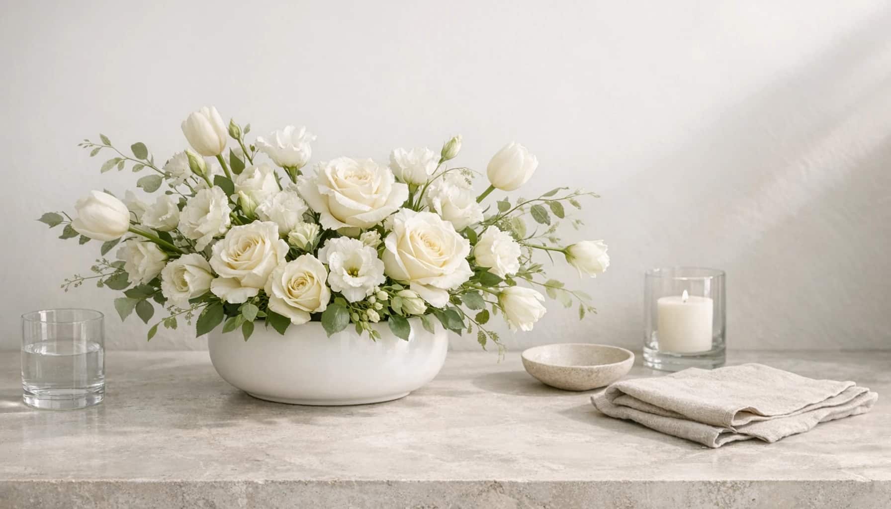 Yom Kippur flowers collection banner with white roses, lisianthus, and tulips and quiet, reflective, serene, and clear styling from Lina Flowers