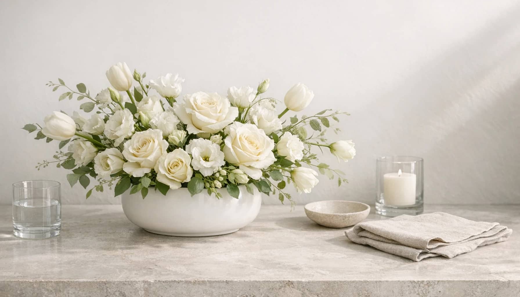 Yom Kippur flowers collection banner with white roses, lisianthus, and tulips and quiet, reflective, serene, and clear styling from Lina Flowers