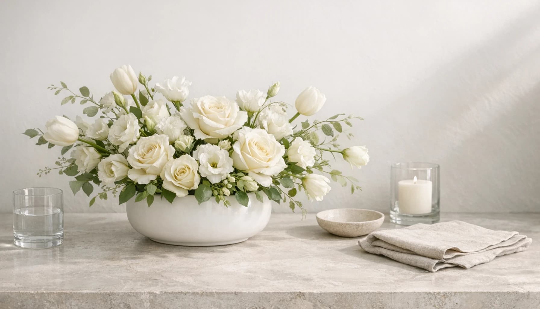 Yom Kippur flowers collection banner with white roses, lisianthus, and tulips and quiet, reflective, serene, and clear styling from LiNa Garden
