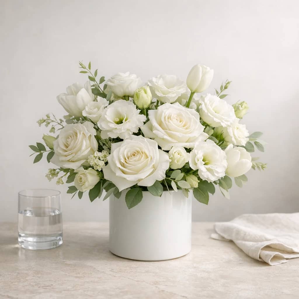 Yom Kippur flowers preview with white roses, lisianthus, and tulips in white, pale green, and stone tones from Lina Flowers