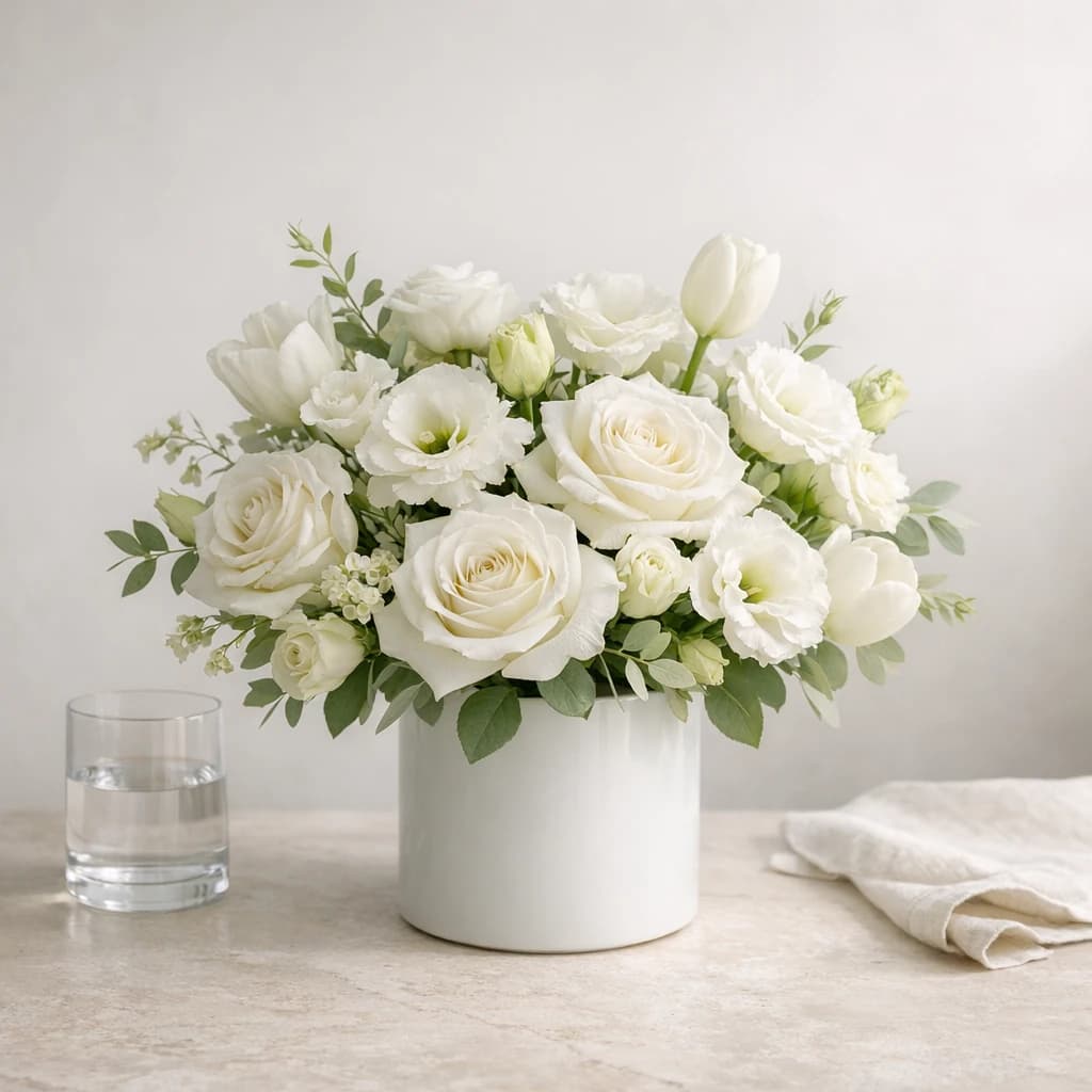 Yom Kippur flowers preview with white roses, lisianthus, and tulips in white, pale green, and stone tones from Lina Flowers