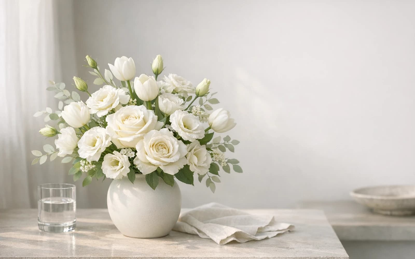 Yom Kippur flowers with white roses, lisianthus, and tulips, white, pale green, and stone color direction, and premium quiet, reflective, serene, and clear styling from LiNa Garden