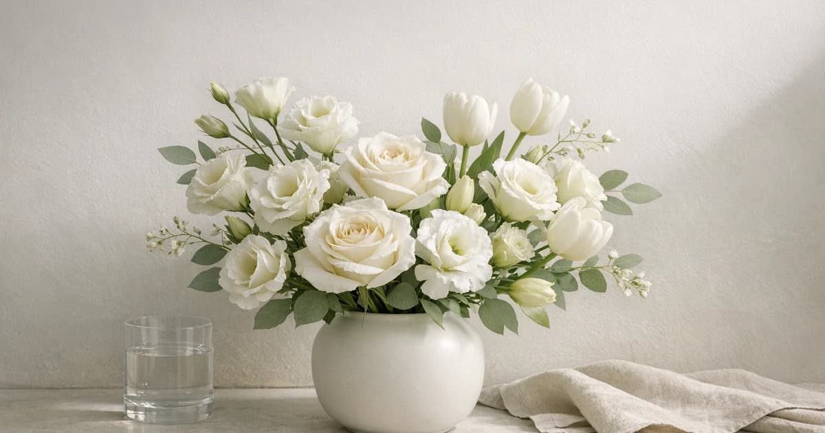 Yom Kippur flowers social share image with white roses, lisianthus, and tulips, white, pale green, and stone tones, and premium LiNa Garden styling