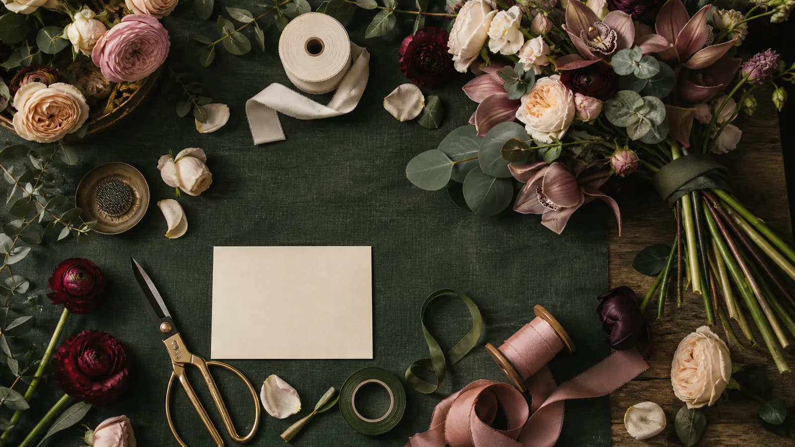 Overhead florist worktable with garden roses, orchids, greenery, shears, ribbons, stem tape, and a blank cream card
