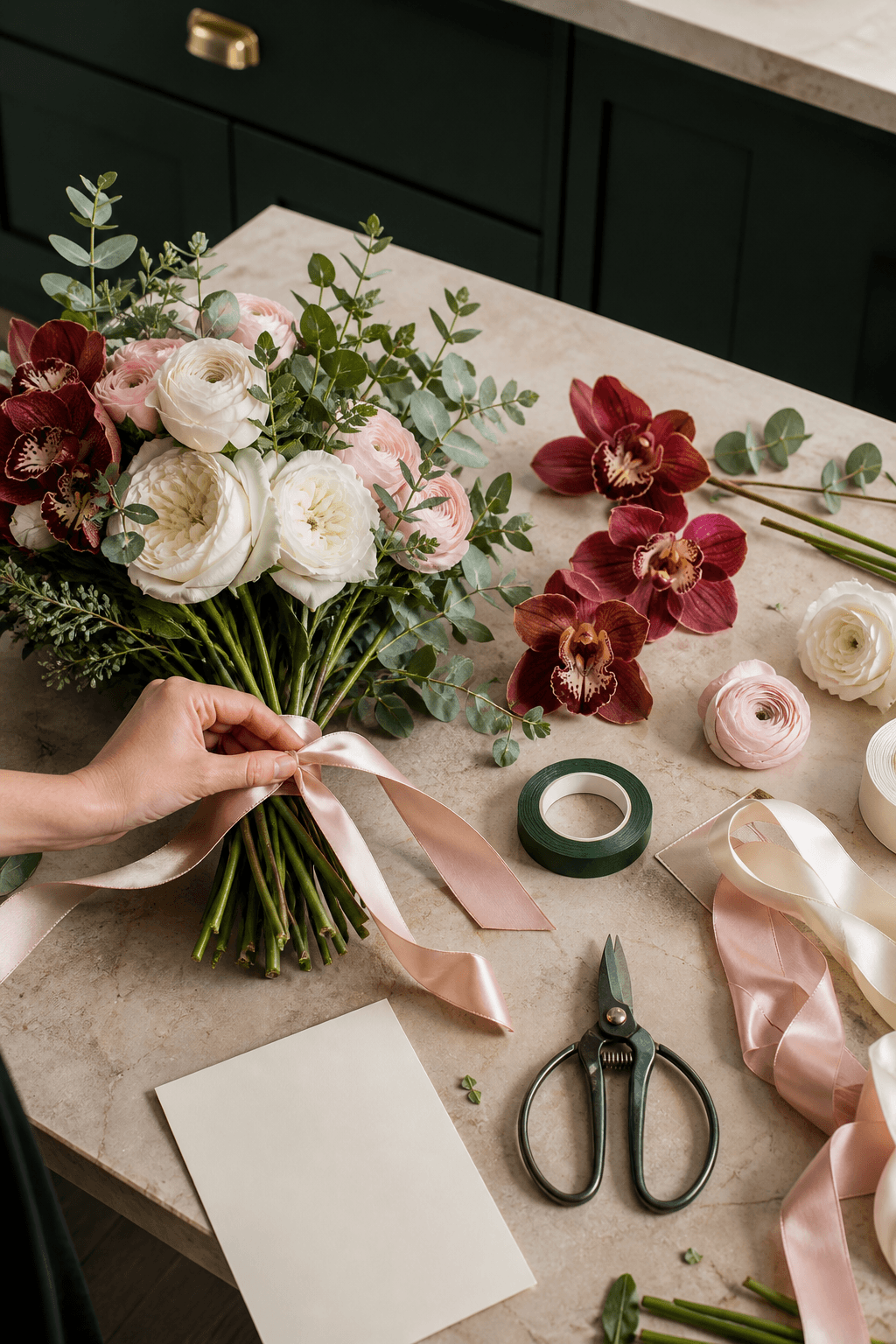 Florist's hand tying blush ribbon around a bouquet beside orchids, garden roses, stem tape, shears, and a blank cream card
