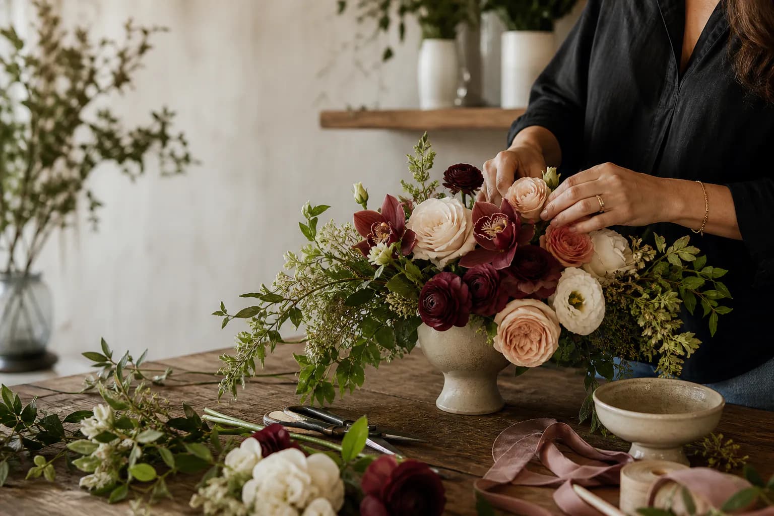 Editorial floral designer's hands arranging burgundy orchids, ivory garden roses, blush ranunculus, and greenery at a wooden worktable