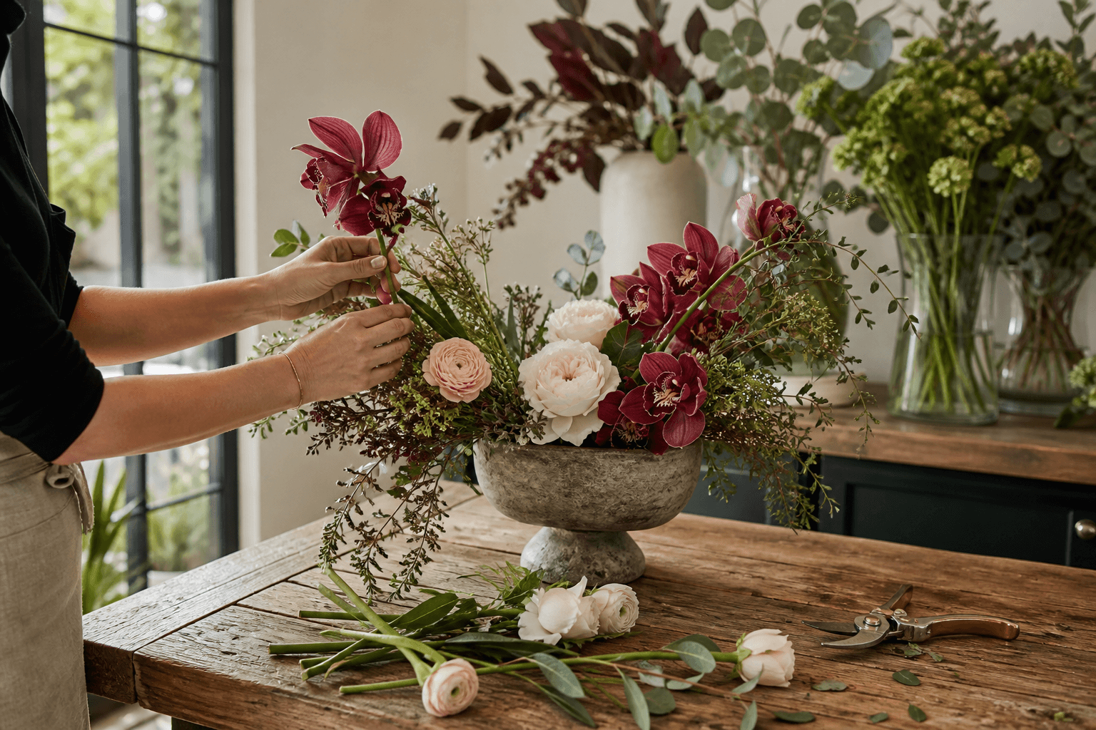 Floral designer's hands arranging burgundy orchids, ivory garden roses, blush ranunculus, and greenery in a stone compote at a wooden studio table