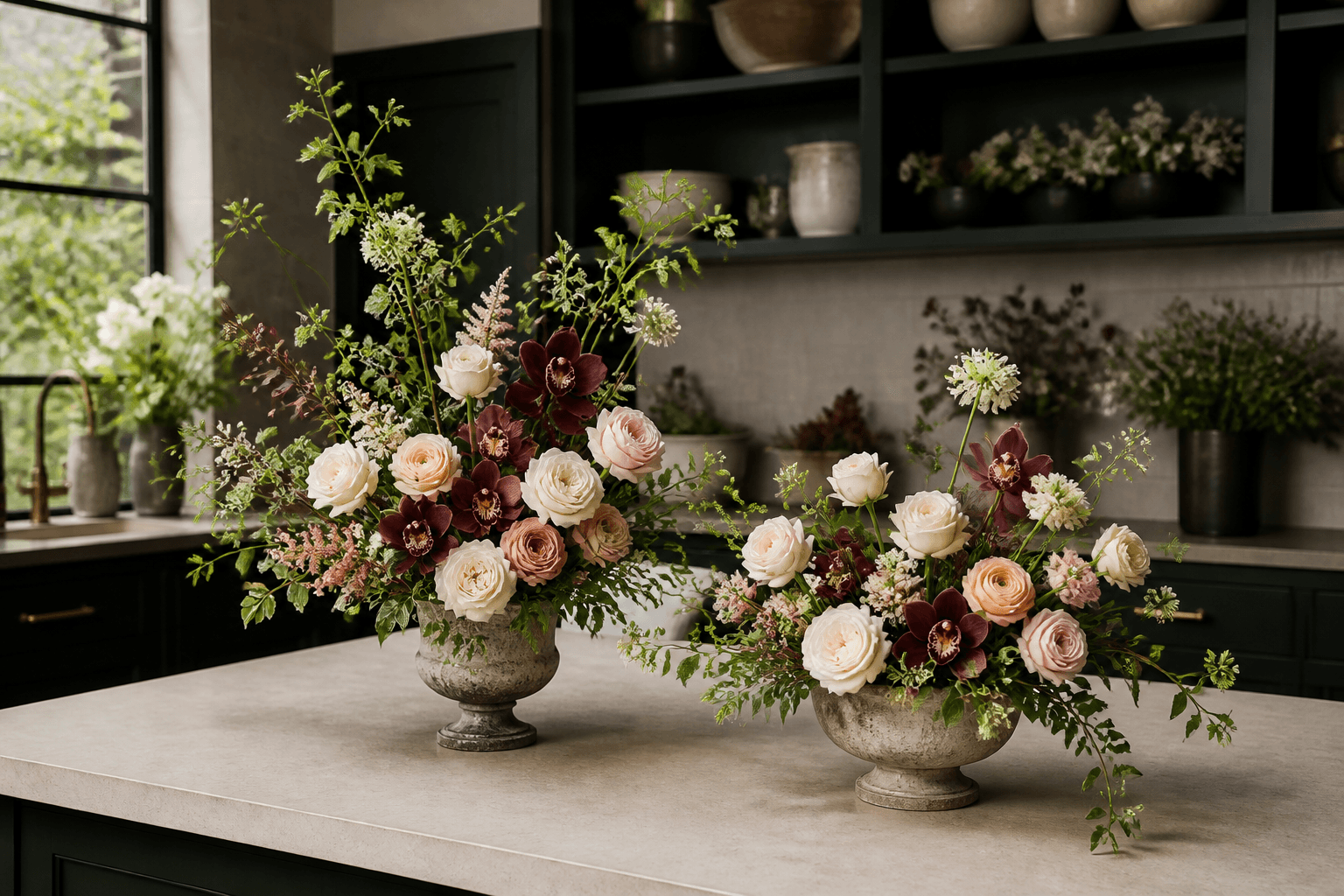 Two distinct companion floral arrangements with ivory roses, blush ranunculus, burgundy orchids, and airy greenery in stone vessels