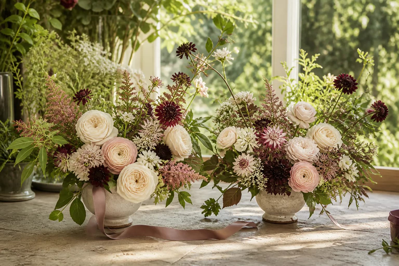 Two distinct companion floral arrangements with ivory roses, blush ranunculus, burgundy flowers, and airy greenery