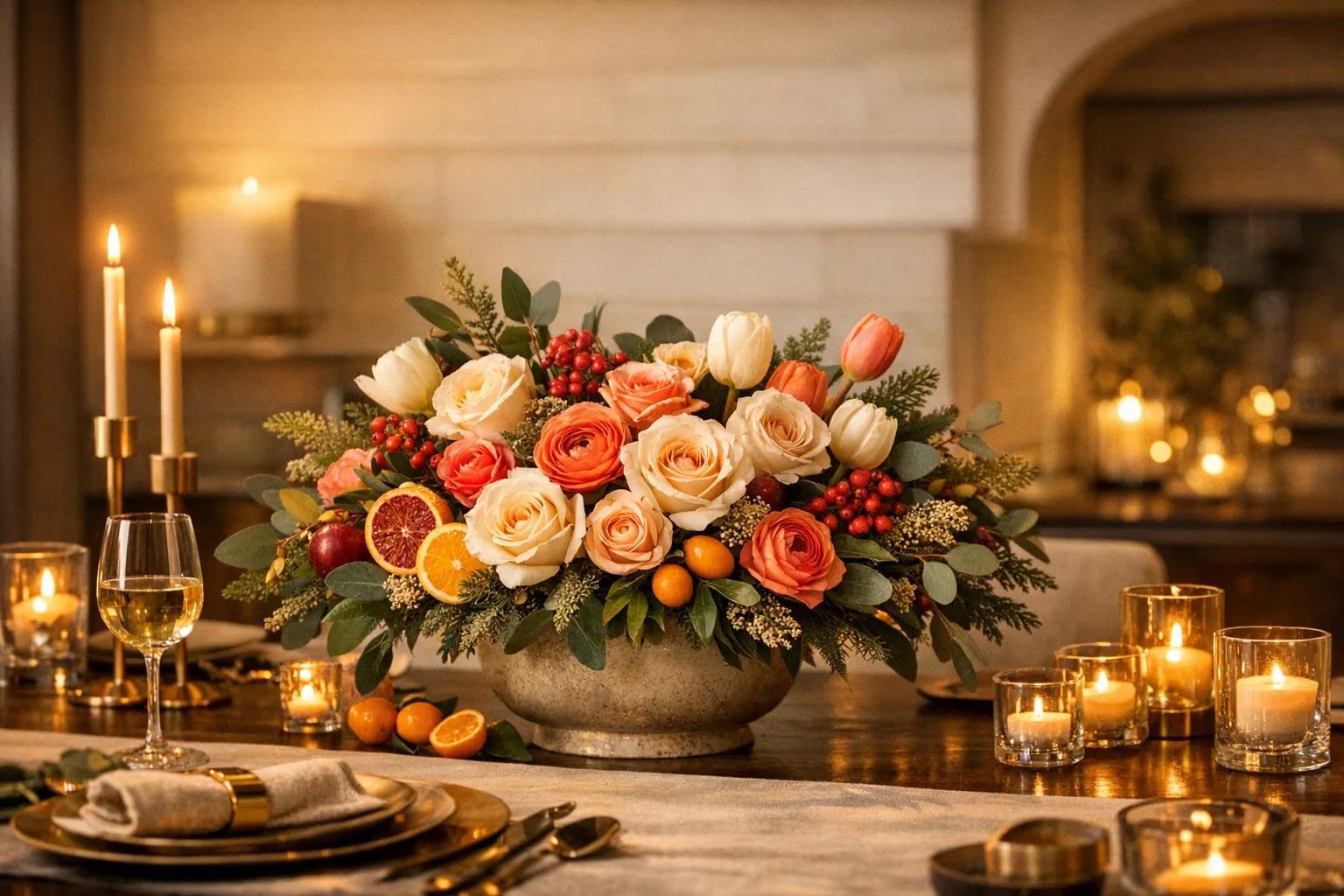 Seasonal holiday floral centerpiece with roses, tulips, greenery, candles, and citrus accents by LiNa Garden