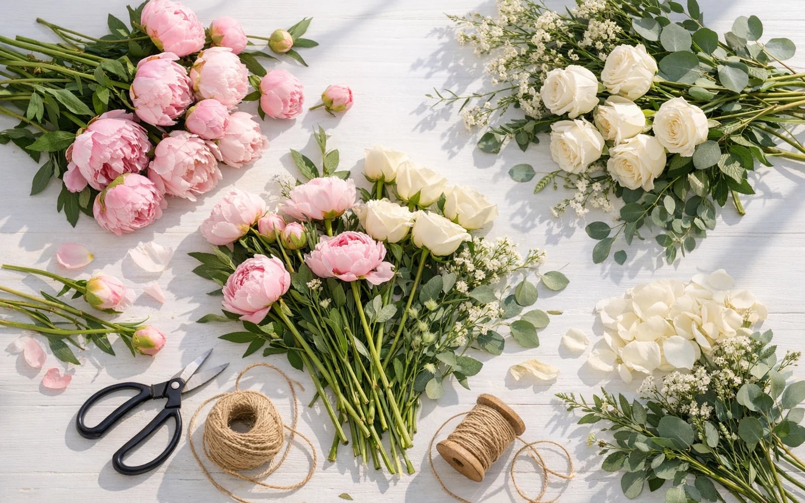LiNa Garden studio worktable with freshly cut pink peonies, white roses, seasonal greenery, floral shears, and twine in bright natural light