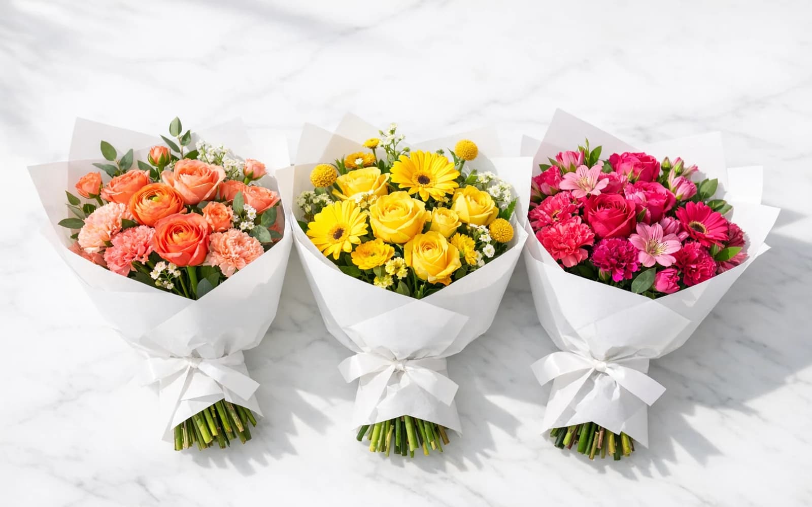 Bright Lina Flowers bouquets wrapped for same-day delivery with coral, yellow, and pink flowers on a marble surface