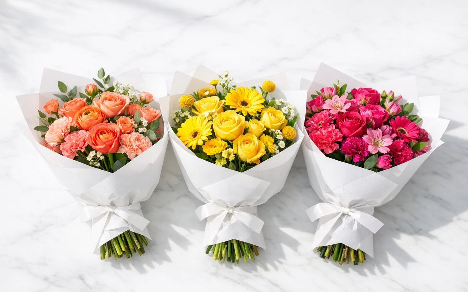 Trio of bright hand-tied flower bouquets in coral, sunshine yellow, and hot pink, wrapped in white paper on a white marble surface