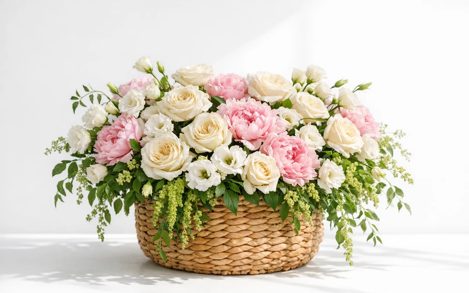 Generous woven luxury flower basket overflowing with cream garden roses, pink peonies, white lisianthus, and trailing greenery
