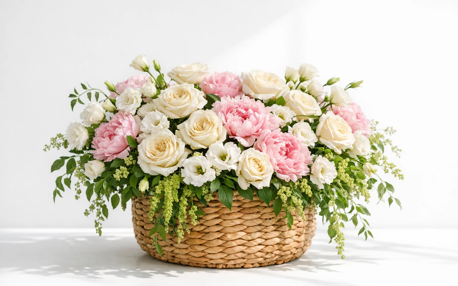 Generous woven luxury flower basket overflowing with cream garden roses, pink peonies, white lisianthus, and trailing greenery