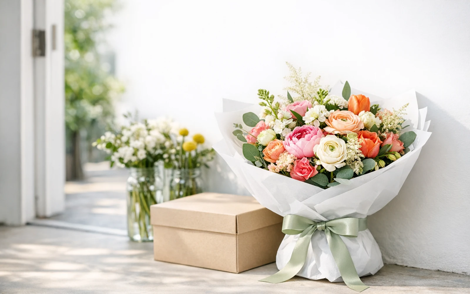 Fresh pink, coral, and cream flower bouquet wrapped for local delivery beside a gift box