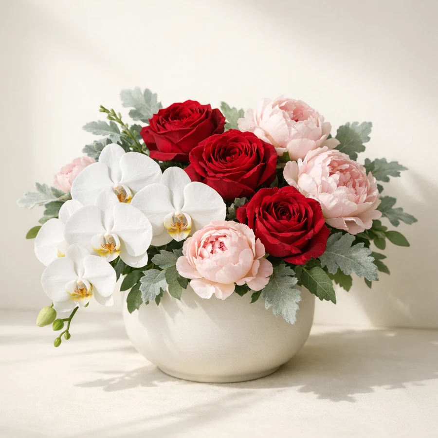Romantic anniversary arrangement with deep red garden roses, blush peonies, white orchids, and dusty miller in a modern ceramic vessel