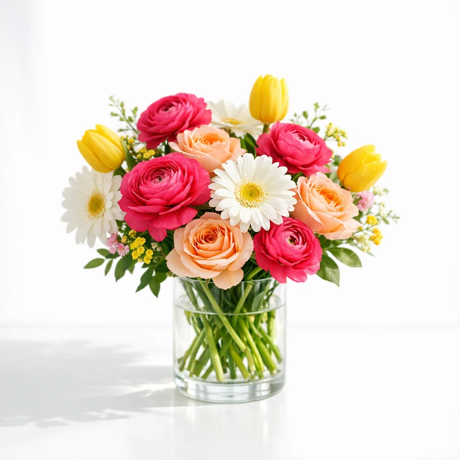 Bright birthday bouquet with hot pink ranunculus, yellow tulips, peach roses, and white gerbera daisies in a clear glass vase