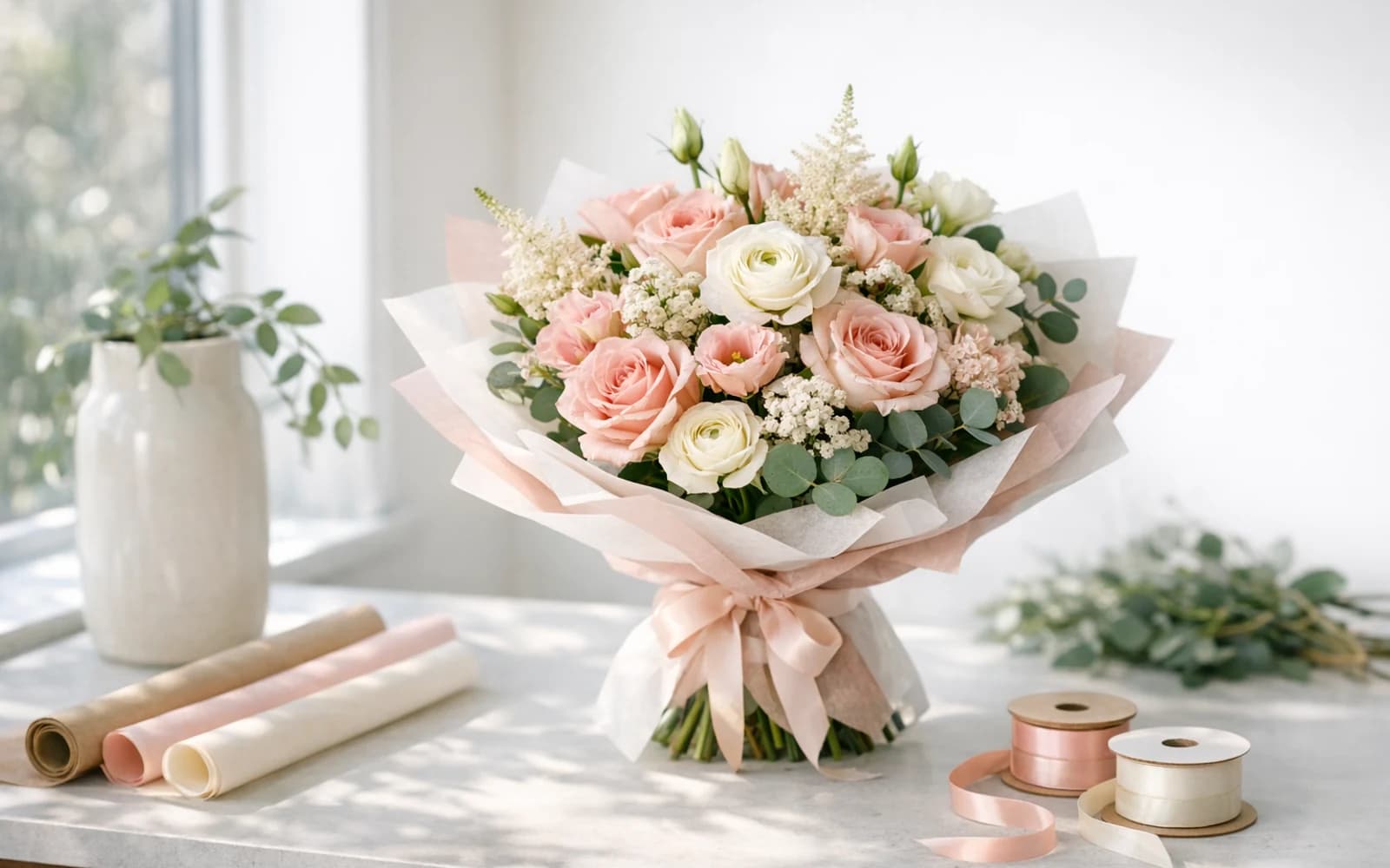 Wrapped Lina Flowers bouquet in blush and white tones