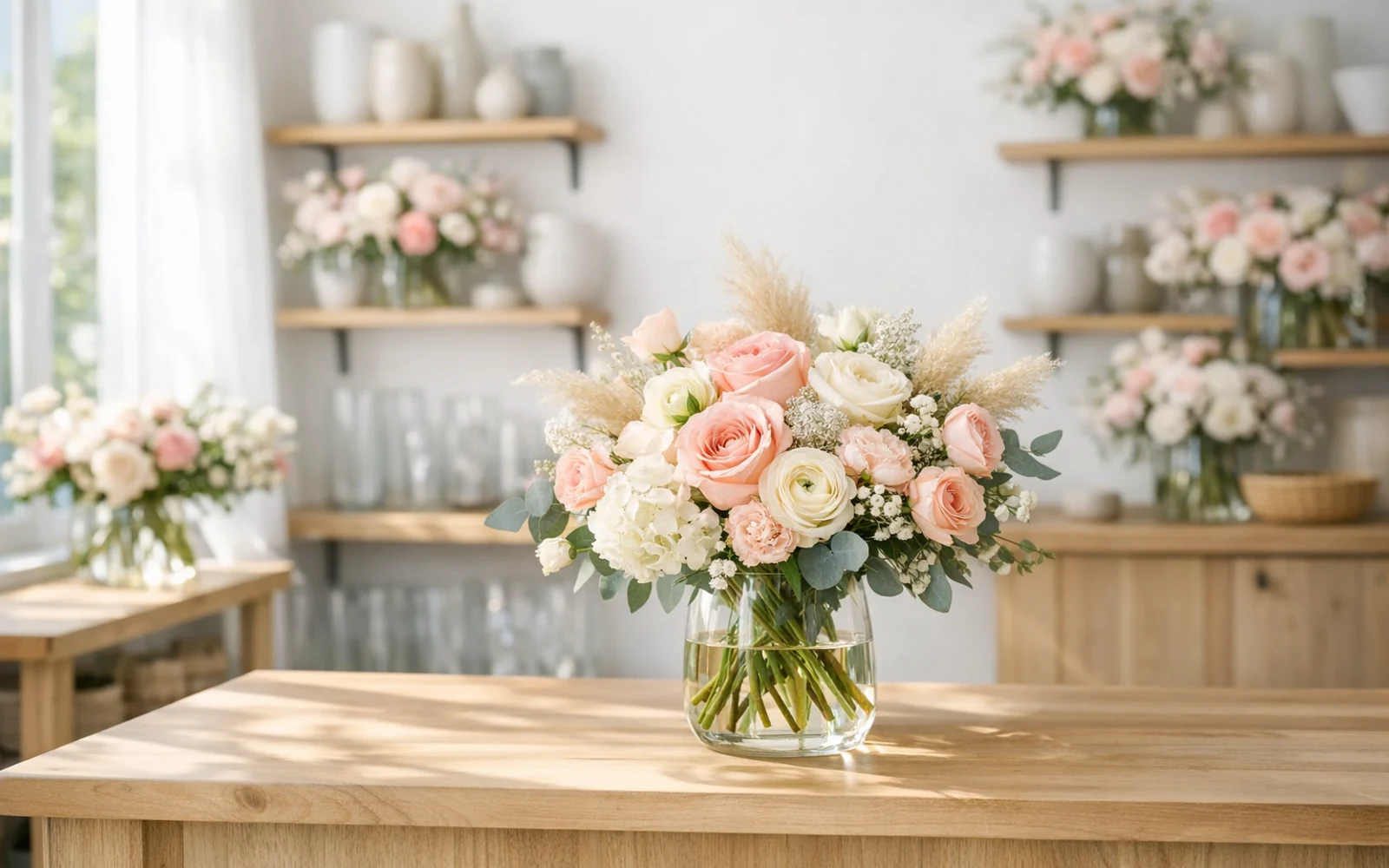 Inviting LiNa Garden florist shop interior with wooden shelving, soft pink and cream bouquets, and natural sunlight through the front window