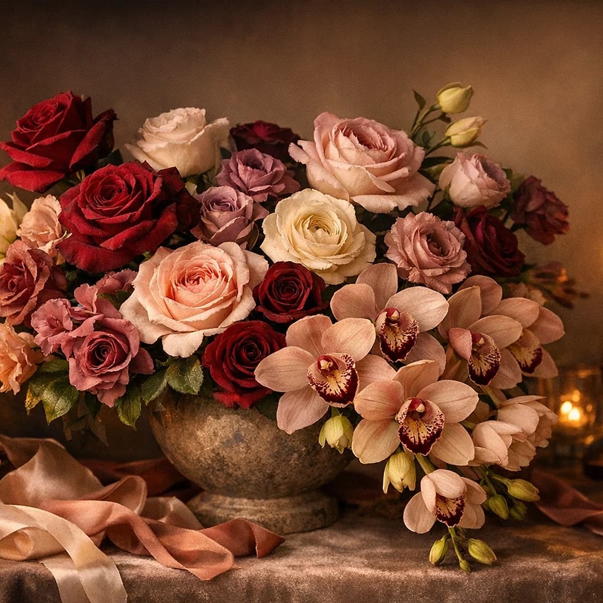 Anniversary Garden blush, berry, and cream romantic flower arrangement from Lina Flowers