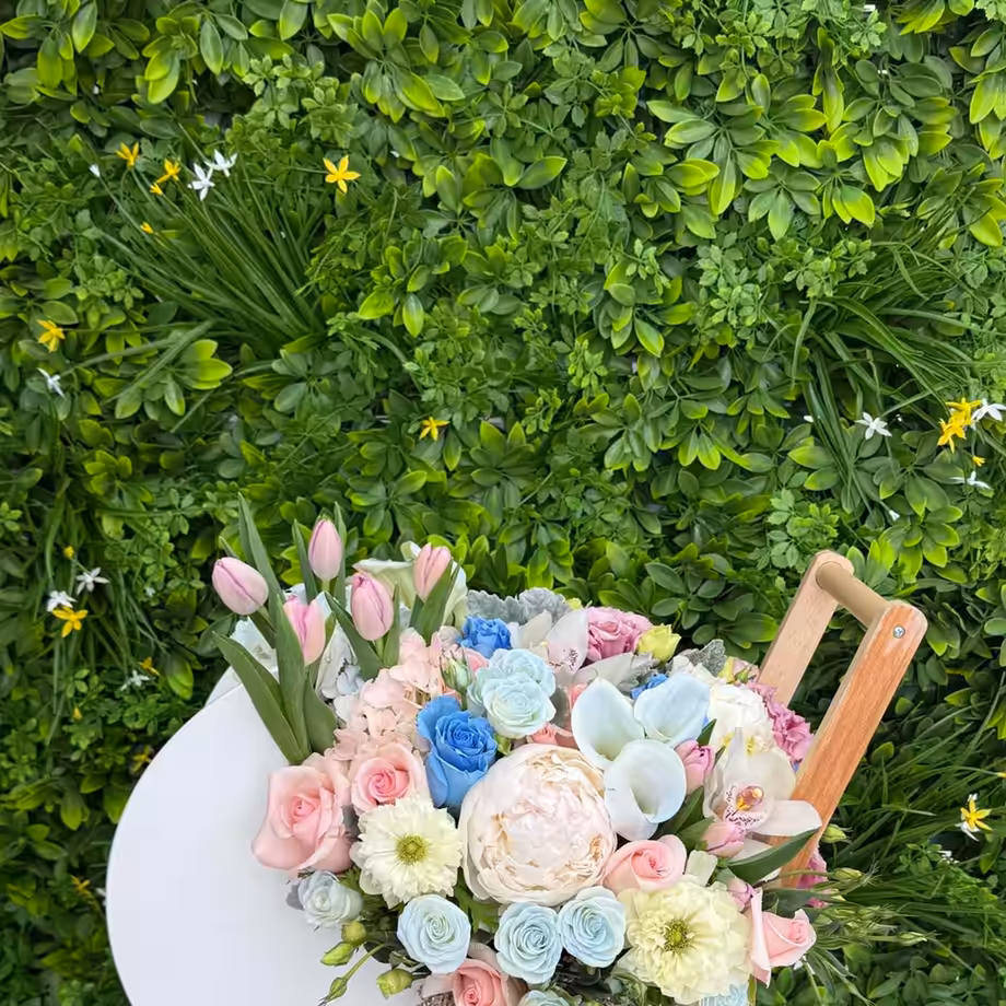 First Bloom pastel new baby flower basket from Lina Flowers in Van Nuys