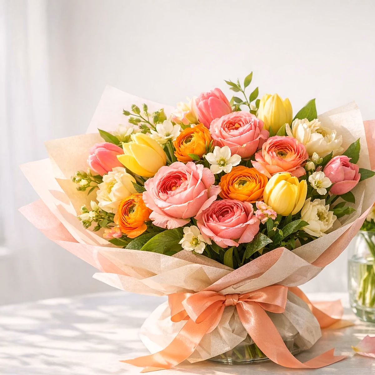 Birthday Confetti coral, pink, yellow, and lilac designer's-choice birthday bouquet from Lina Flowers