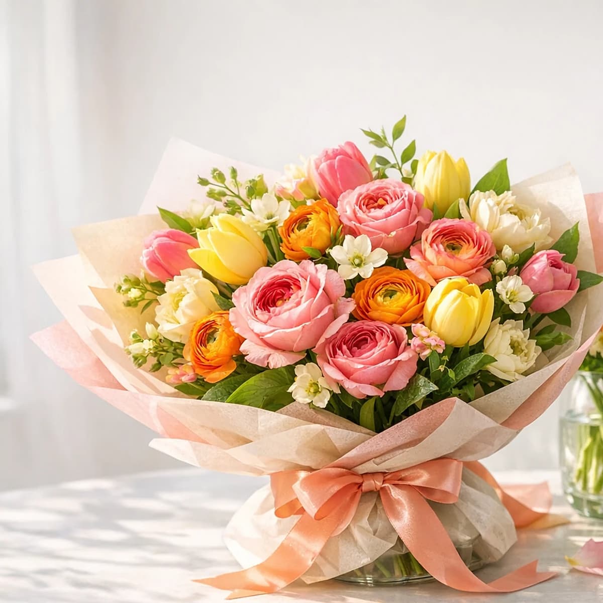 Birthday Confetti coral, pink, yellow, and lilac designer's-choice birthday bouquet from Lina Flowers