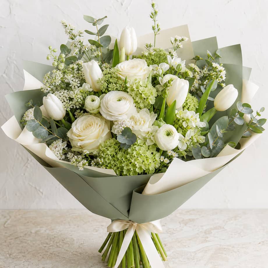Fresh Start white and green bouquet with tulips, roses, ranunculus, hydrangea, and eucalyptus