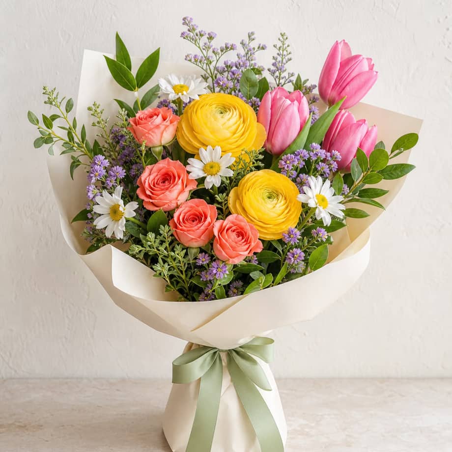 Petite Joy colorful affordable bouquet with coral roses, yellow ranunculus, pink tulips, and lavender accents