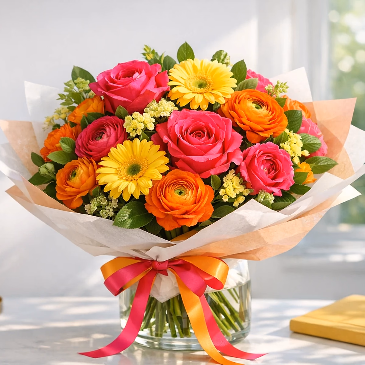 Bravo Brights coral, fuchsia, gold, and violet congratulations bouquet from Lina Flowers